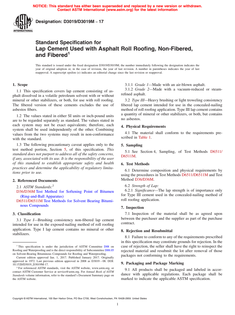 ASTM D3019/D3019M-17 - Standard Specification for  Lap Cement Used with Asphalt Roll Roofing, Non-Fibered, and  Fibered