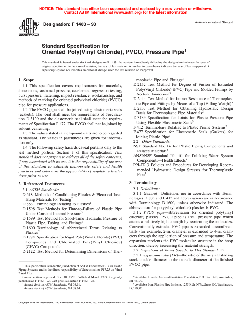 ASTM F1483-98 - Standard Specification for Oriented Poly(Vinyl Chloride), PVCO, Pressure Pipe