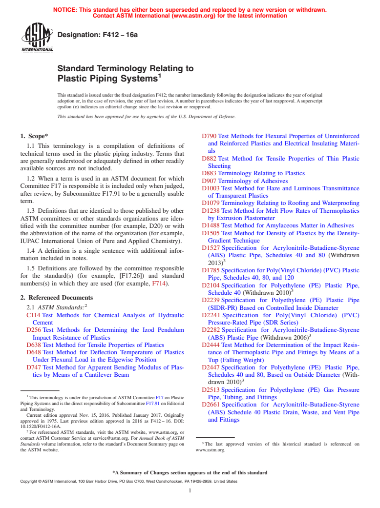 ASTM F412-16a - Standard Terminology Relating to  Plastic Piping Systems