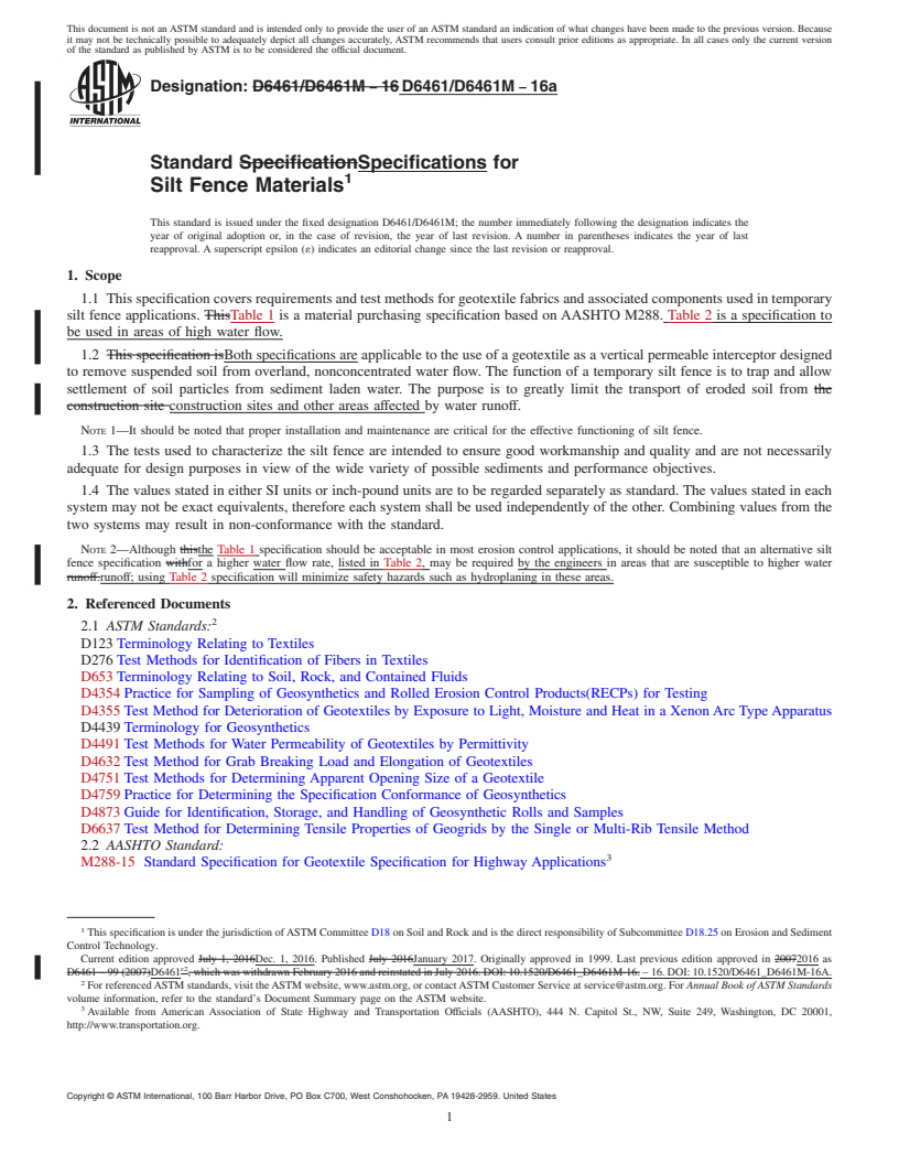REDLINE ASTM D6461/D6461M-16a - Standard Specifications for Silt Fence Materials