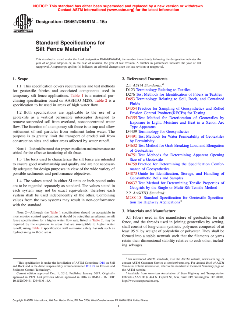 ASTM D6461/D6461M-16a - Standard Specifications for Silt Fence Materials