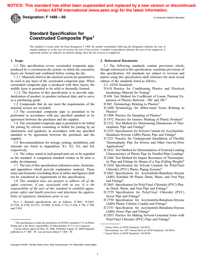 ASTM F1488-00 - Standard Specification for Coextruded Composite Pipe