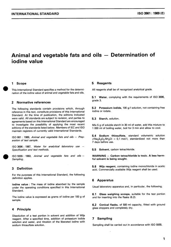 ISO 3961:1989 - Animal and vegetable fats and oils -- Determination of iodine value