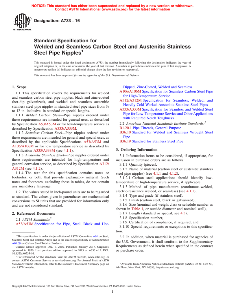 ASTM A733-16 - Standard Specification for  Welded and Seamless Carbon Steel and Austenitic Stainless Steel  Pipe Nipples