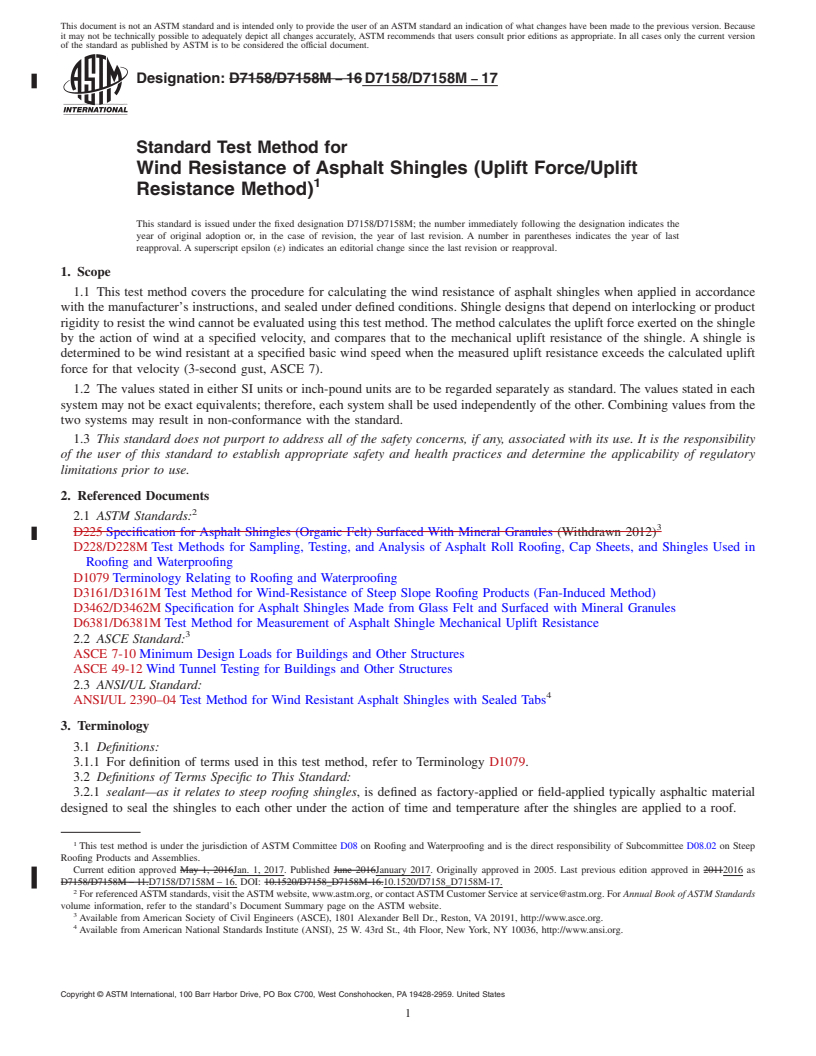 REDLINE ASTM D7158/D7158M-17 - Standard Test Method for  Wind Resistance of Asphalt Shingles (Uplift Force/Uplift  Resistance  Method)