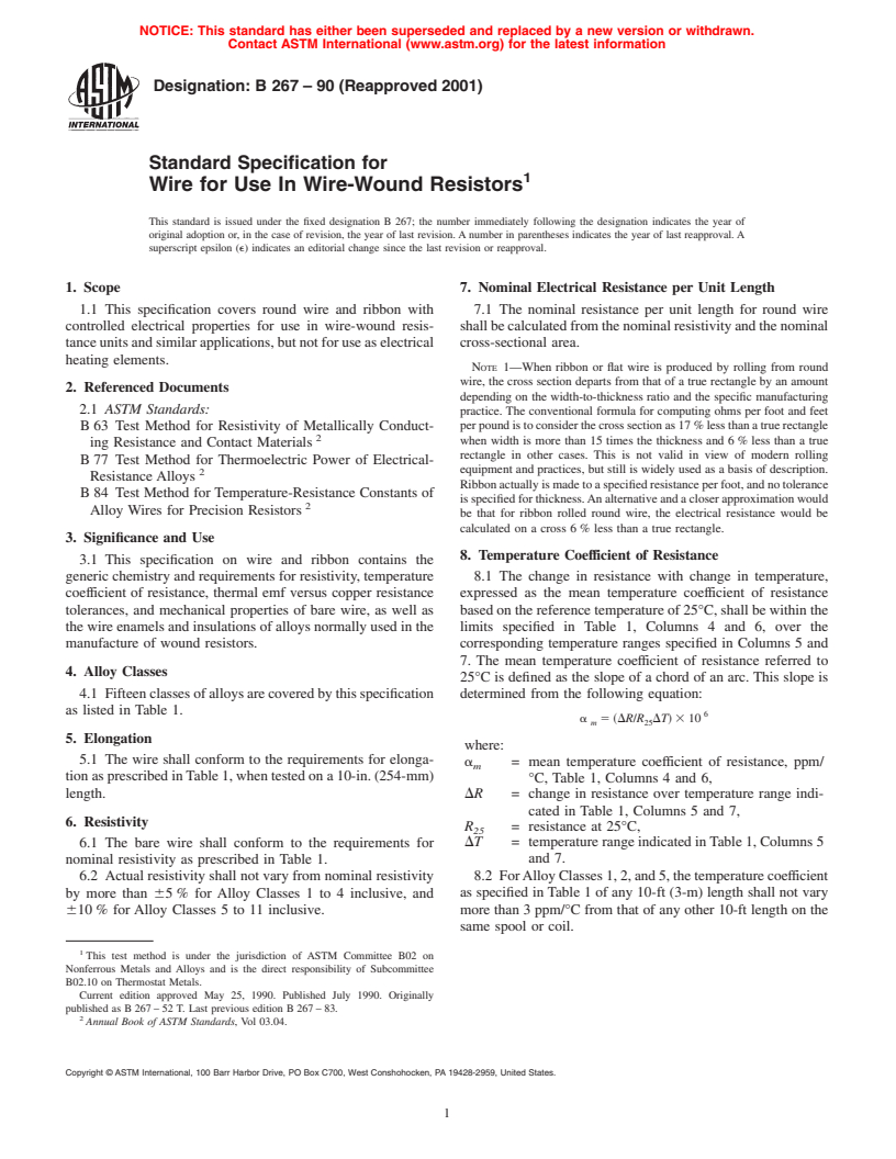 ASTM B267-90(2001) - Standard Specification for Wire for Use In Wire-Wound Resistors