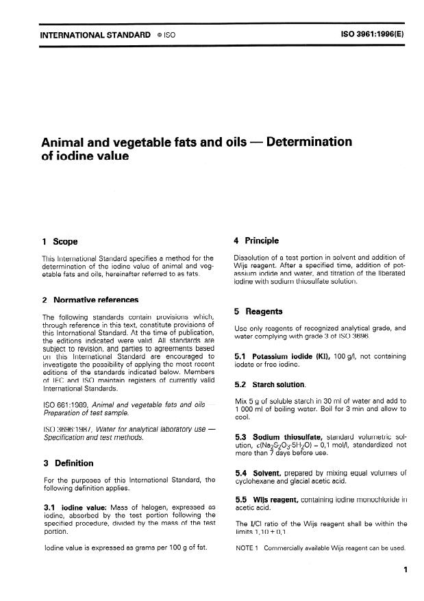 ISO 3961:1996 - Animal and vegetable fats and oils -- Determination of iodine value
