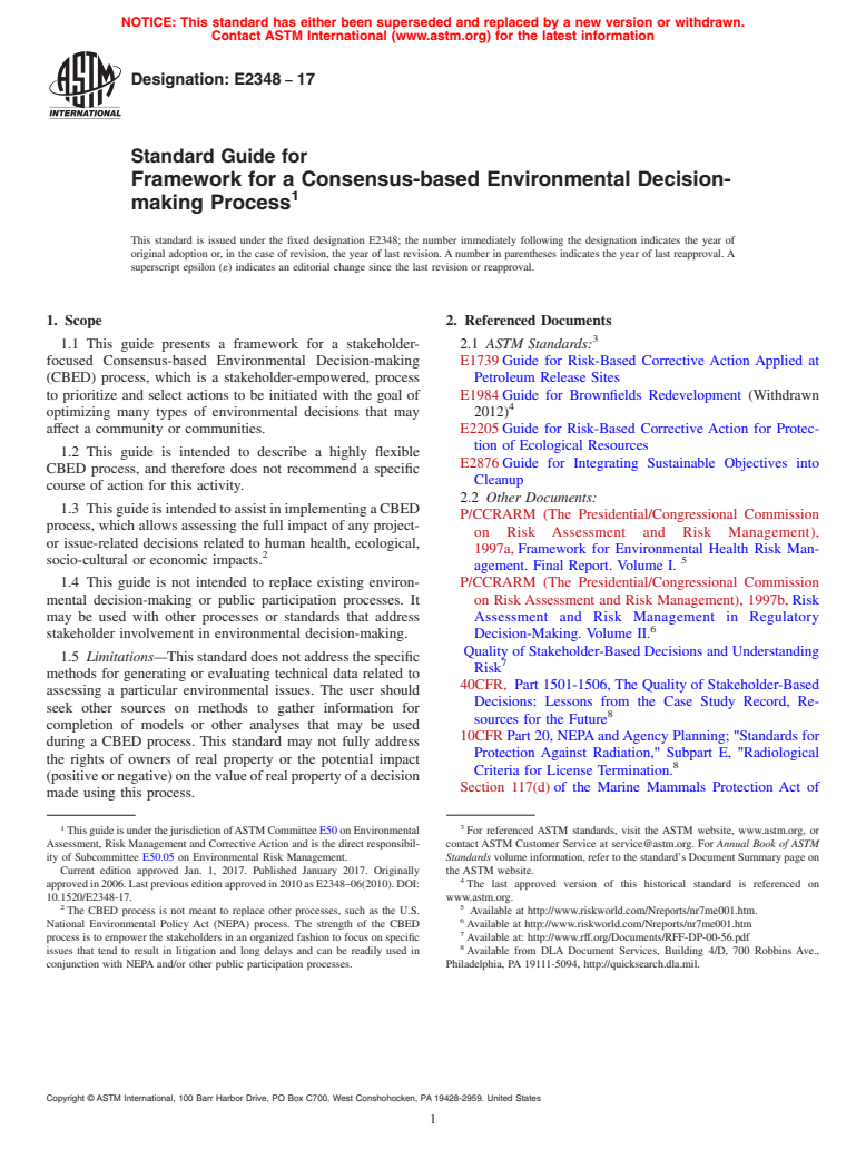 ASTM E2348-17 - Standard Guide for  Framework for a Consensus-based Environmental Decision-making  Process