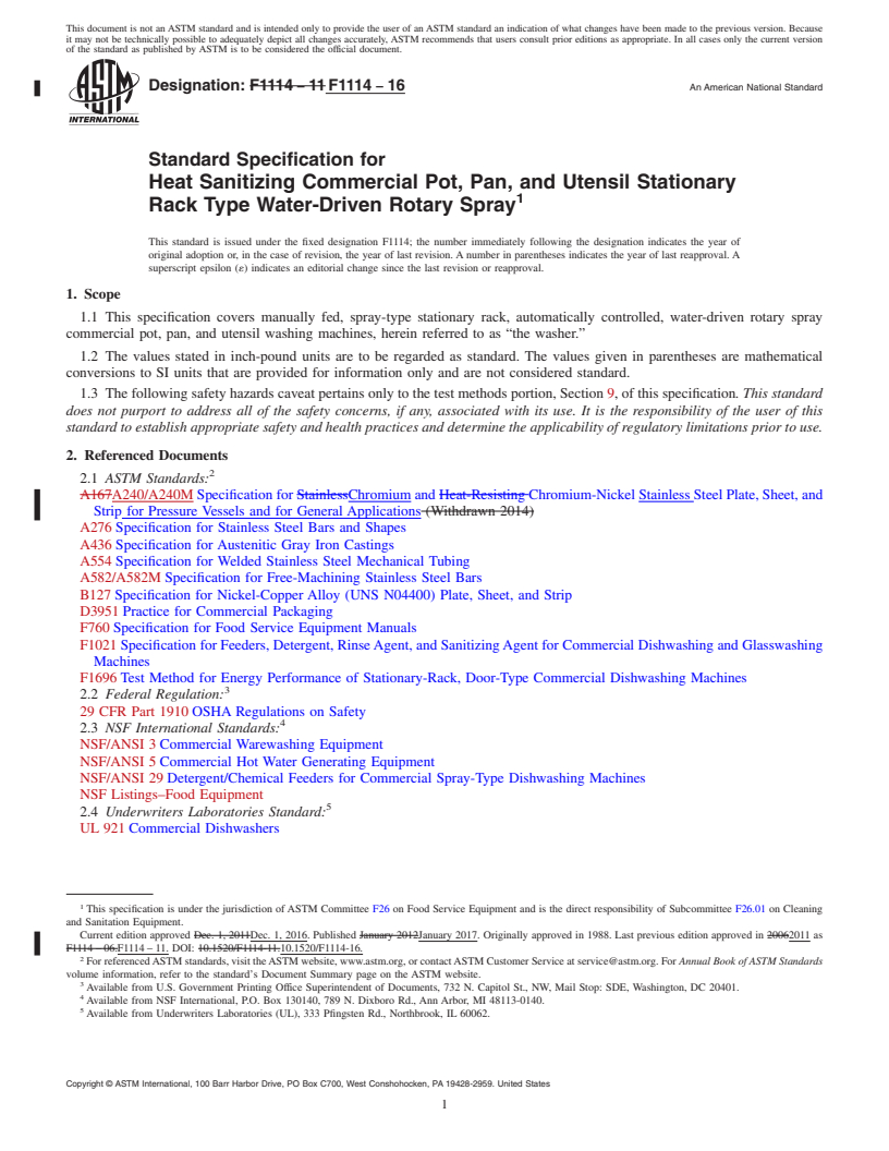 REDLINE ASTM F1114-16 - Standard Specification for Heat Sanitizing Commercial Pot, Pan, and Utensil Stationary  Rack Type Water-Driven Rotary Spray