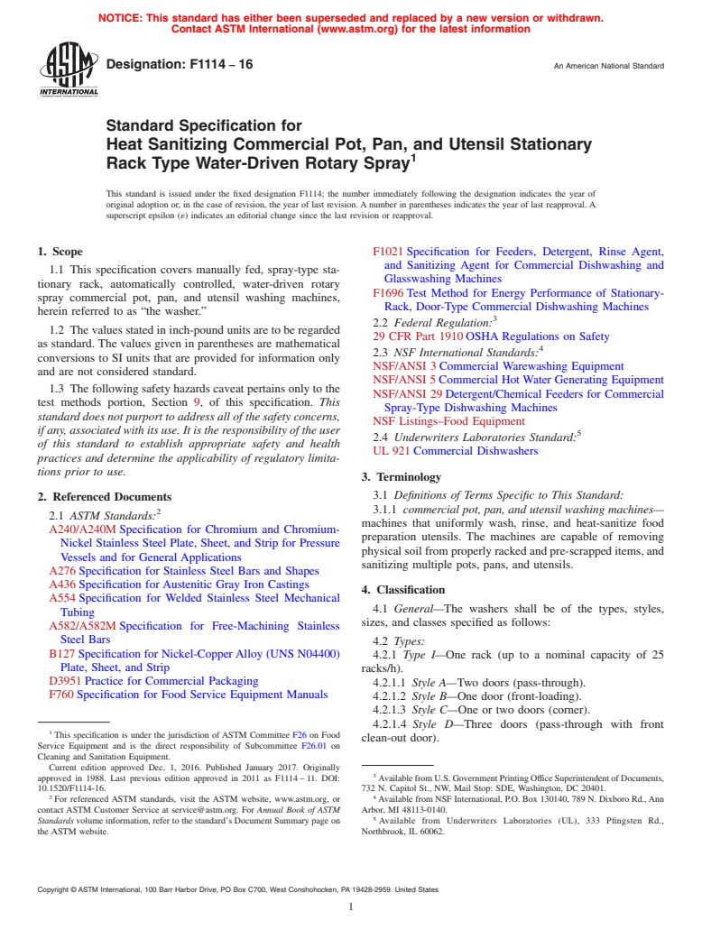 ASTM F1114-16 - Standard Specification for Heat Sanitizing Commercial Pot, Pan, and Utensil Stationary  Rack Type Water-Driven Rotary Spray