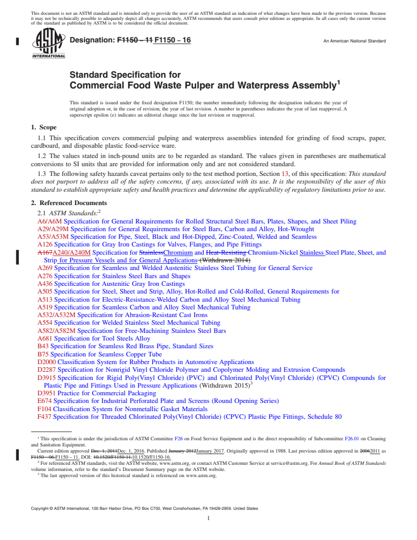 REDLINE ASTM F1150-16 - Standard Specification for  Commercial Food Waste Pulper and Waterpress Assembly