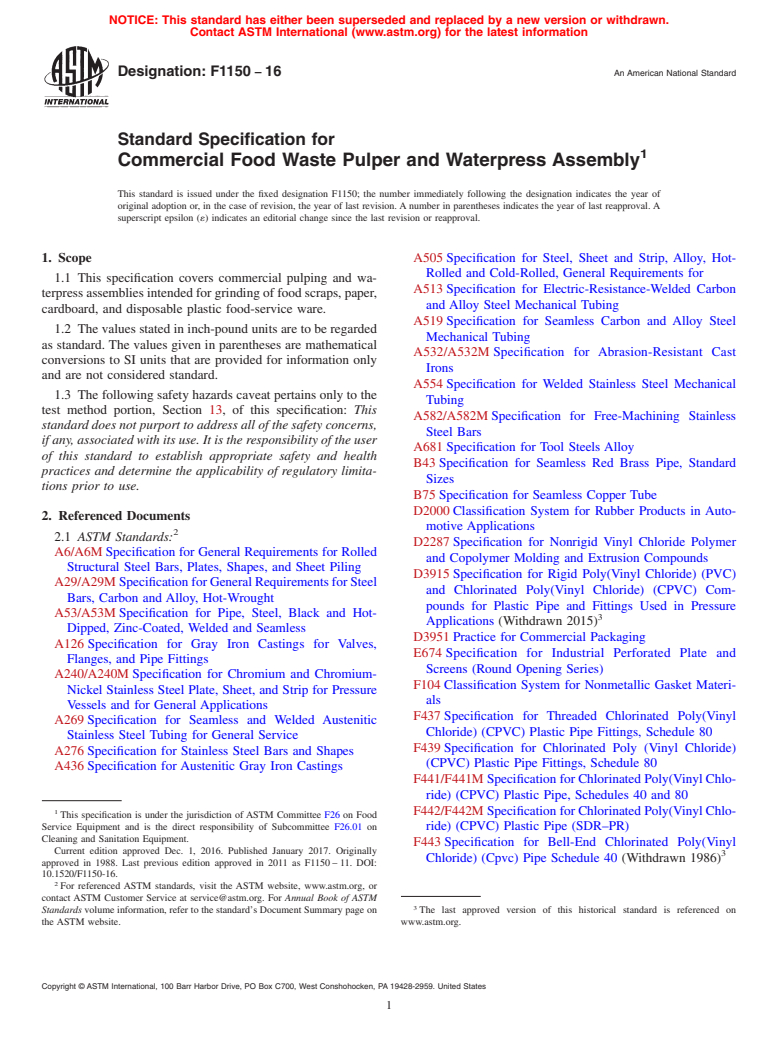 ASTM F1150-16 - Standard Specification for  Commercial Food Waste Pulper and Waterpress Assembly