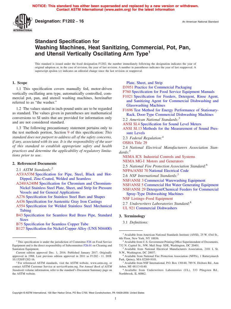 ASTM F1202-16 - Standard Specification for Washing Machines, Heat Sanitizing, Commercial, Pot, Pan, and  Utensil Vertically Oscillating Arm Type