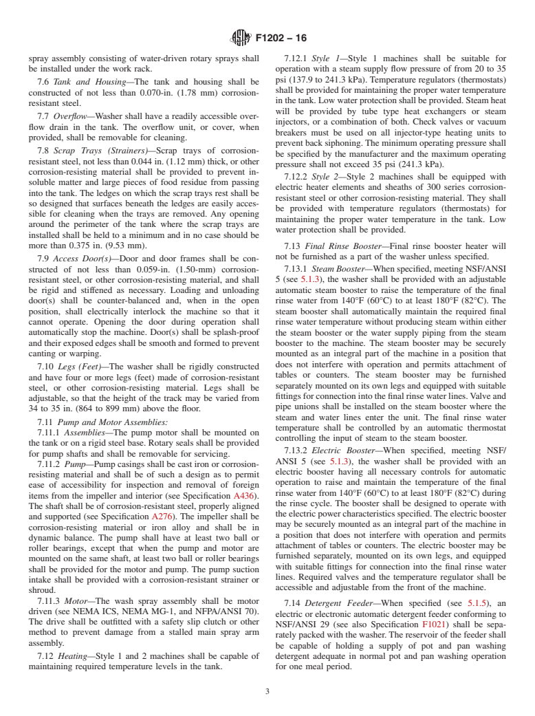 ASTM F1202-16 - Standard Specification for Washing Machines, Heat Sanitizing, Commercial, Pot, Pan, and  Utensil Vertically Oscillating Arm Type
