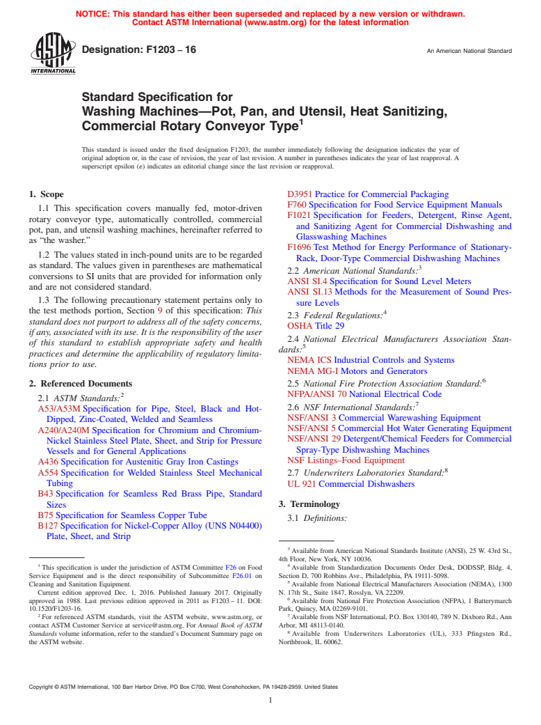 ASTM F1203-16 - Standard Specification for  Washing Machines&#x2014;Pot, Pan, and Utensil, Heat Sanitizing,  Commercial Rotary Conveyor Type