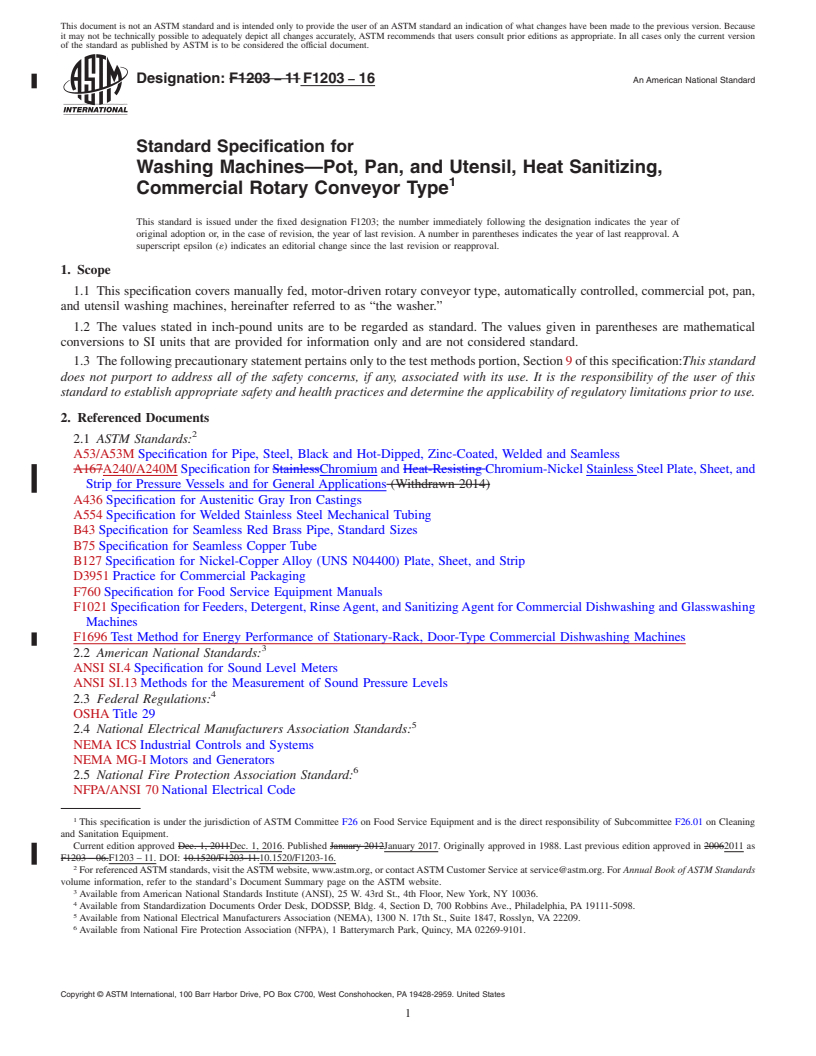 REDLINE ASTM F1203-16 - Standard Specification for  Washing Machines&#x2014;Pot, Pan, and Utensil, Heat Sanitizing,  Commercial Rotary Conveyor Type