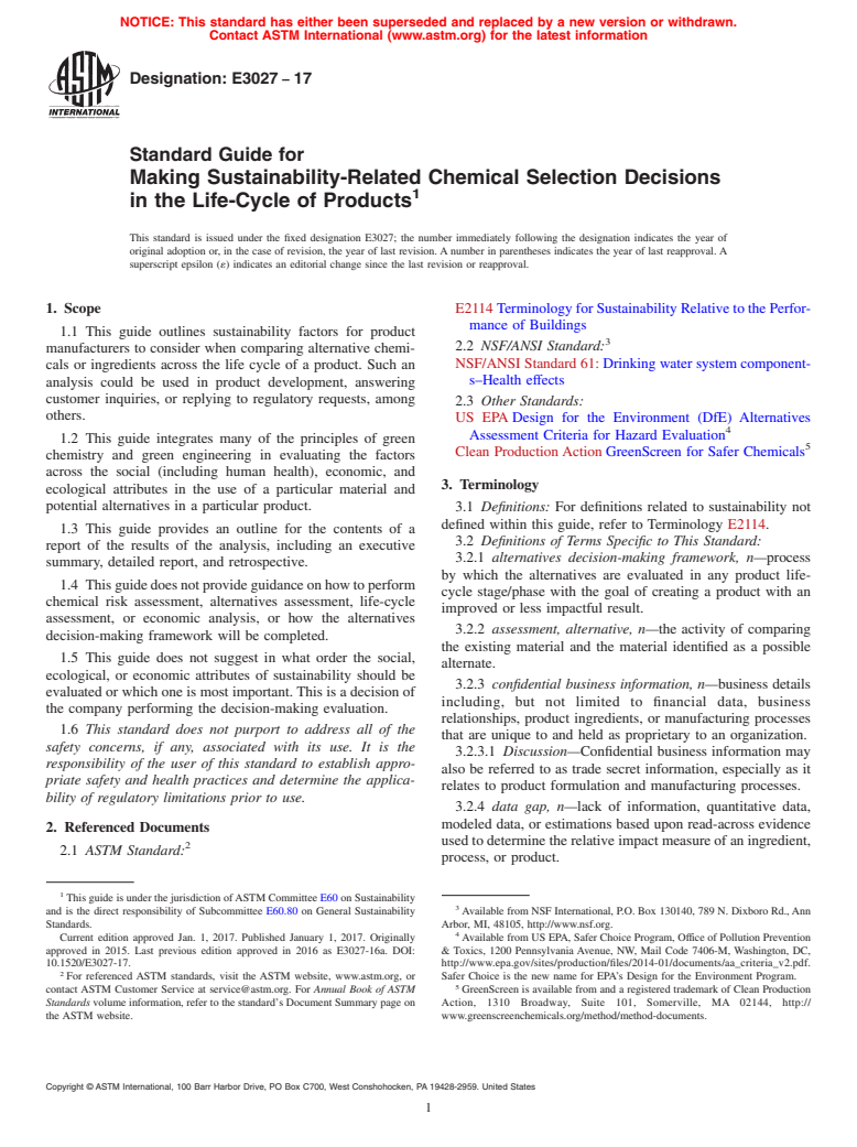 ASTM E3027-17 - Standard Guide for Making Sustainability-Related Chemical Selection Decisions  in the Life-Cycle of Products