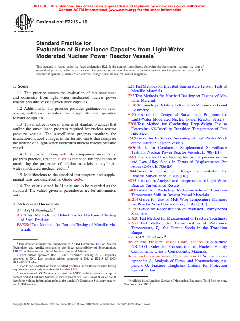 ASTM E2215-16 - Standard Practice for  Evaluation of Surveillance Capsules from Light-Water Moderated  Nuclear Power Reactor Vessels