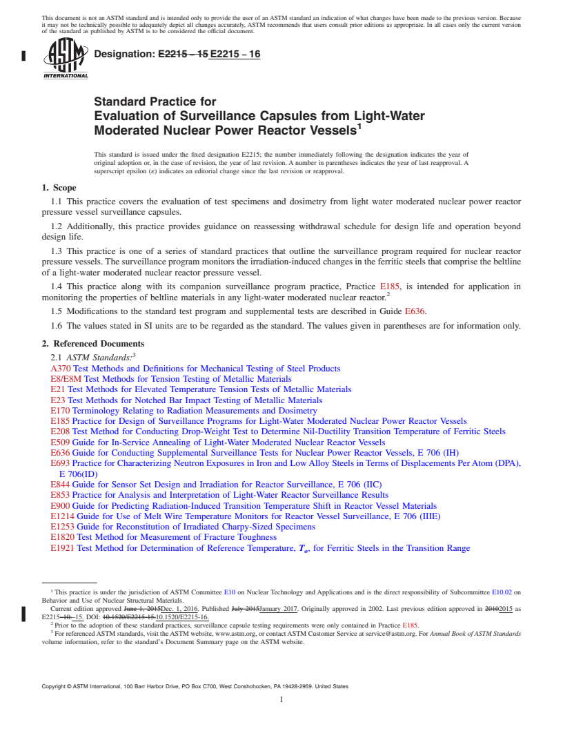 REDLINE ASTM E2215-16 - Standard Practice for  Evaluation of Surveillance Capsules from Light-Water Moderated  Nuclear Power Reactor Vessels