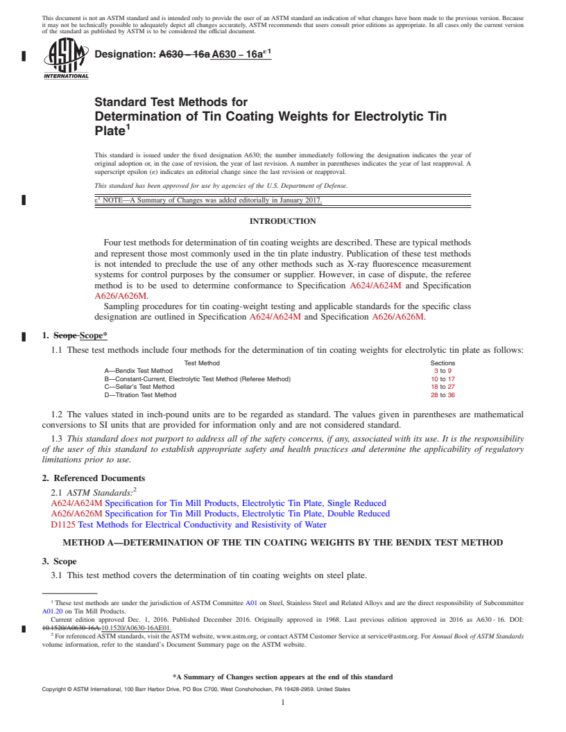 REDLINE ASTM A630-16ae1 - Standard Test Methods for  Determination of Tin Coating Weights for Electrolytic Tin Plate