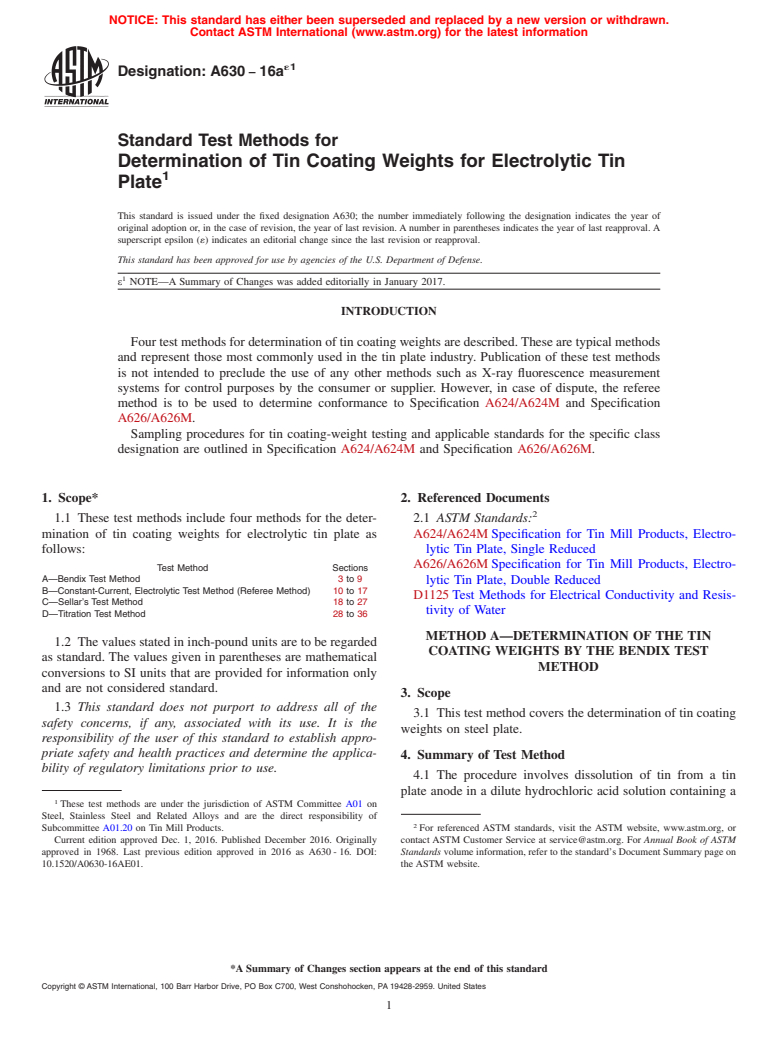 ASTM A630-16ae1 - Standard Test Methods for  Determination of Tin Coating Weights for Electrolytic Tin Plate