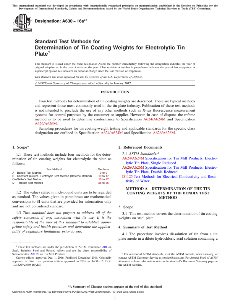 ASTM A630-16ae1 - Standard Test Methods for  Determination of Tin Coating Weights for Electrolytic Tin Plate