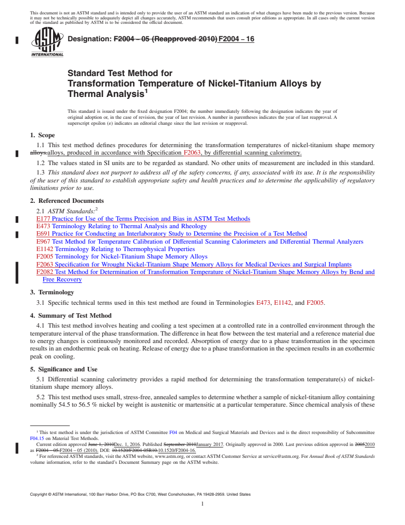 REDLINE ASTM F2004-16 - Standard Test Method for Transformation Temperature of Nickel-Titanium Alloys by Thermal  Analysis