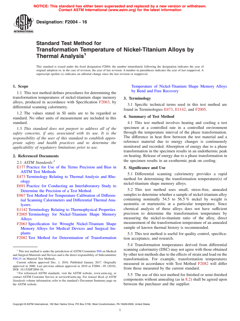 ASTM F2004-16 - Standard Test Method for Transformation Temperature of Nickel-Titanium Alloys by Thermal  Analysis
