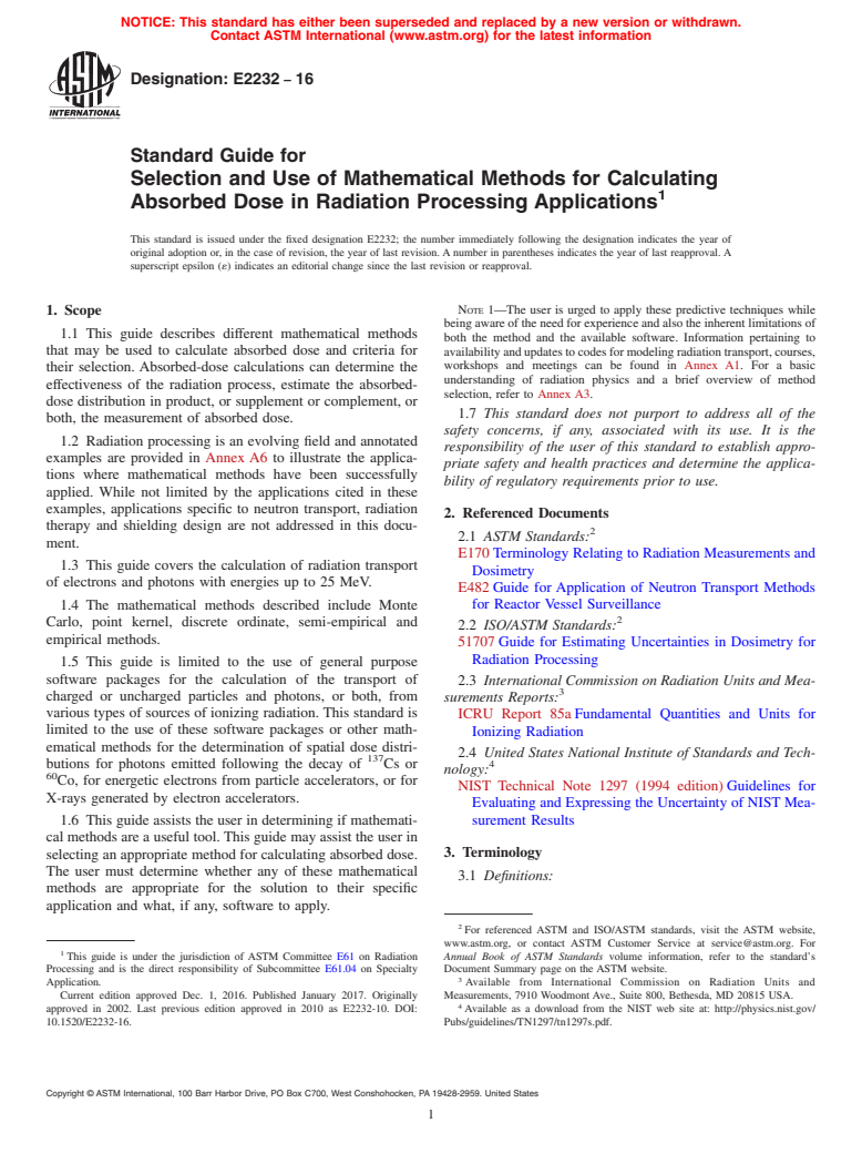 ASTM E2232-16 - Standard Guide for  Selection and Use of Mathematical Methods for Calculating Absorbed  Dose in Radiation Processing Applications