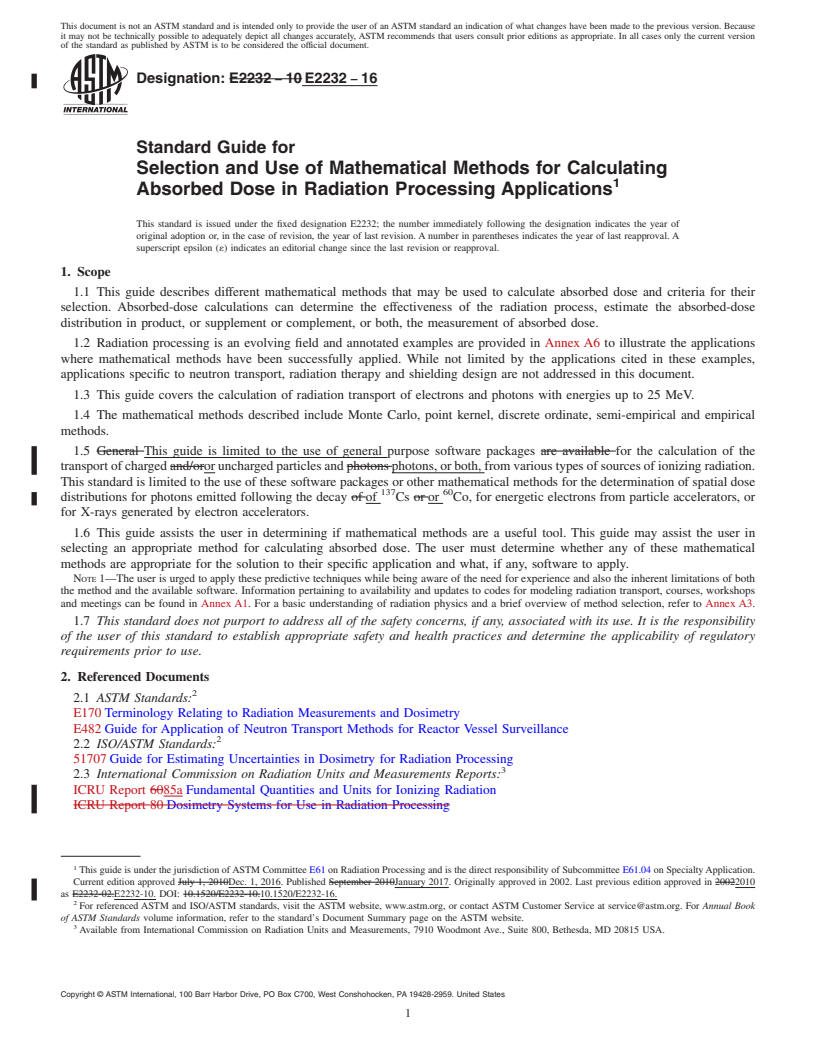 REDLINE ASTM E2232-16 - Standard Guide for  Selection and Use of Mathematical Methods for Calculating Absorbed  Dose in Radiation Processing Applications