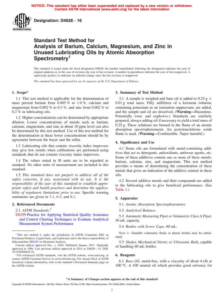 ASTM D4628-16 - Standard Test Method for  Analysis of Barium, Calcium, Magnesium, and Zinc in Unused   Lubricating Oils by Atomic Absorption Spectrometry