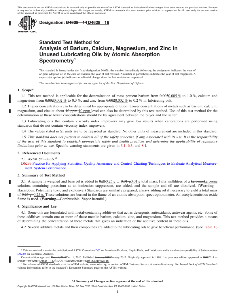 REDLINE ASTM D4628-16 - Standard Test Method for  Analysis of Barium, Calcium, Magnesium, and Zinc in Unused   Lubricating Oils by Atomic Absorption Spectrometry