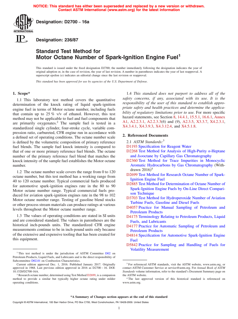 ASTM D2700-16a - Standard Test Method for Motor Octane Number of Spark-Ignition Engine Fuel