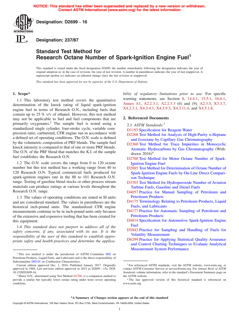 ASTM D2699-16 - Standard Test Method for Research Octane Number of Spark-Ignition Engine Fuel