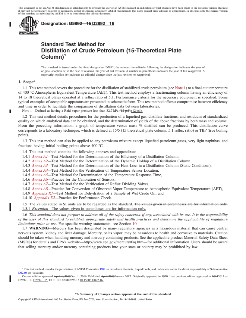 REDLINE ASTM D2892-16 - Standard Test Method for  Distillation of Crude Petroleum (15-Theoretical Plate Column)