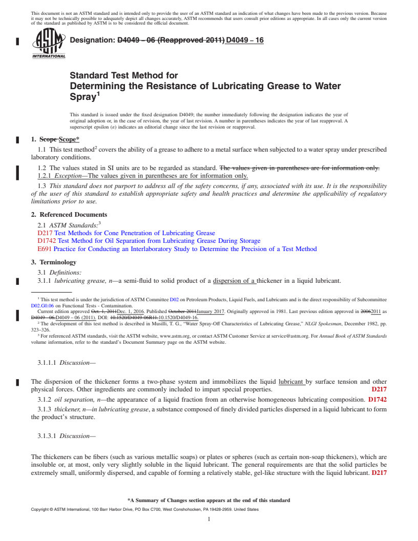 REDLINE ASTM D4049-16 - Standard Test Method for  Determining the Resistance of Lubricating Grease to Water Spray