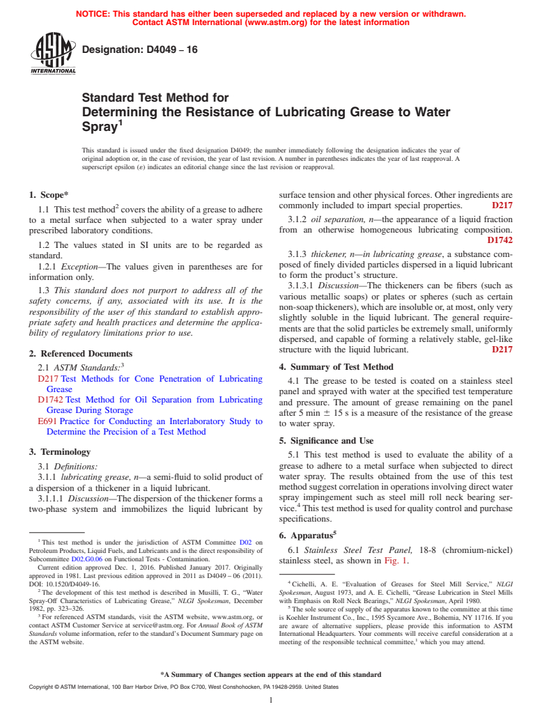 ASTM D4049-16 - Standard Test Method for  Determining the Resistance of Lubricating Grease to Water Spray