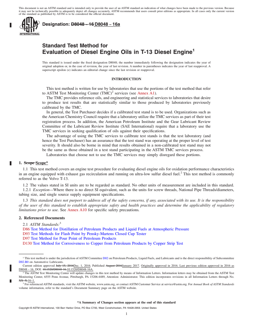 REDLINE ASTM D8048-16a - Standard Test Method for Evaluation of Diesel Engine Oils in T-13 Diesel Engine