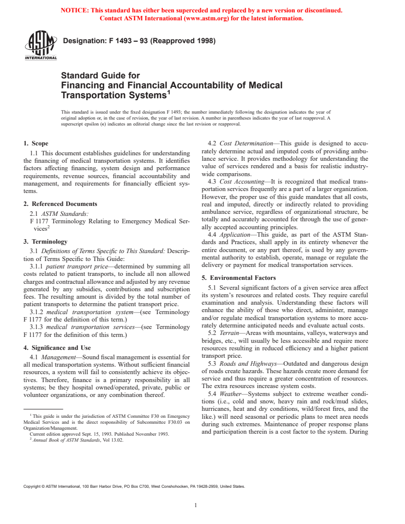 ASTM F1493-93(1998) - Standard Guide for Financing and Financial Accountability of Medical Transportation Systems