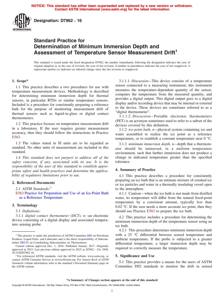 ASTM D7962-16 - Standard Practice for Determination of Minimum Immersion Depth and Assessment of  Temperature Sensor Measurement Drift