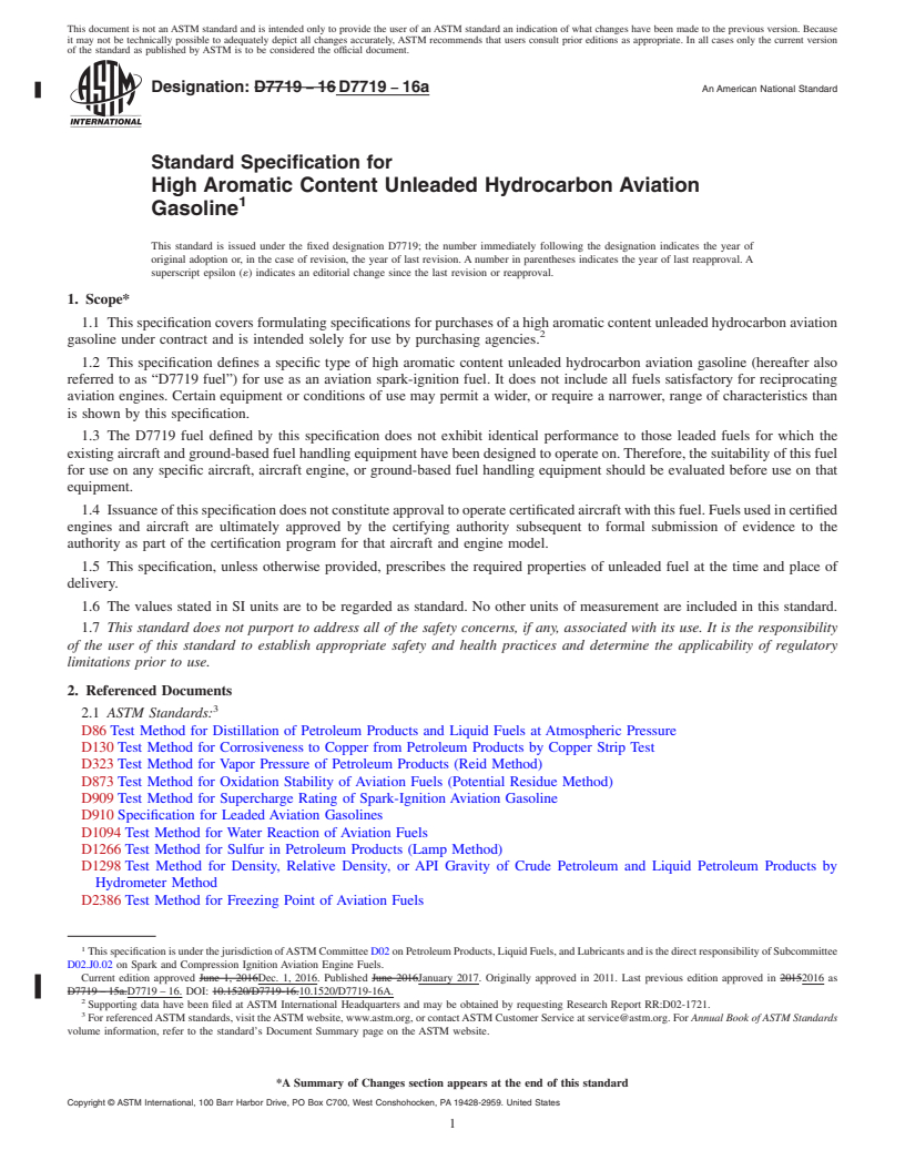 REDLINE ASTM D7719-16a - Standard Specification for  High Aromatic Content Unleaded Hydrocarbon Aviation Gasoline