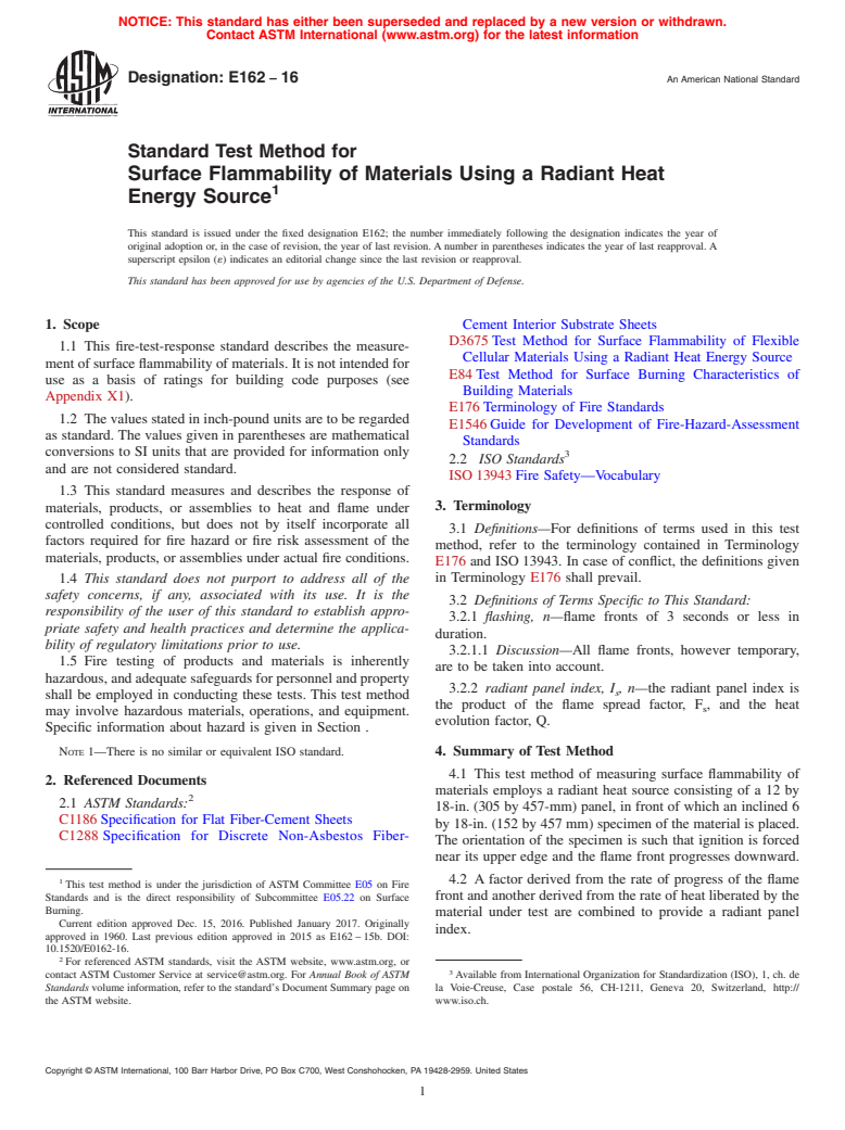 ASTM E162-16 - Standard Test Method for  Surface Flammability of Materials Using a Radiant Heat Energy  Source