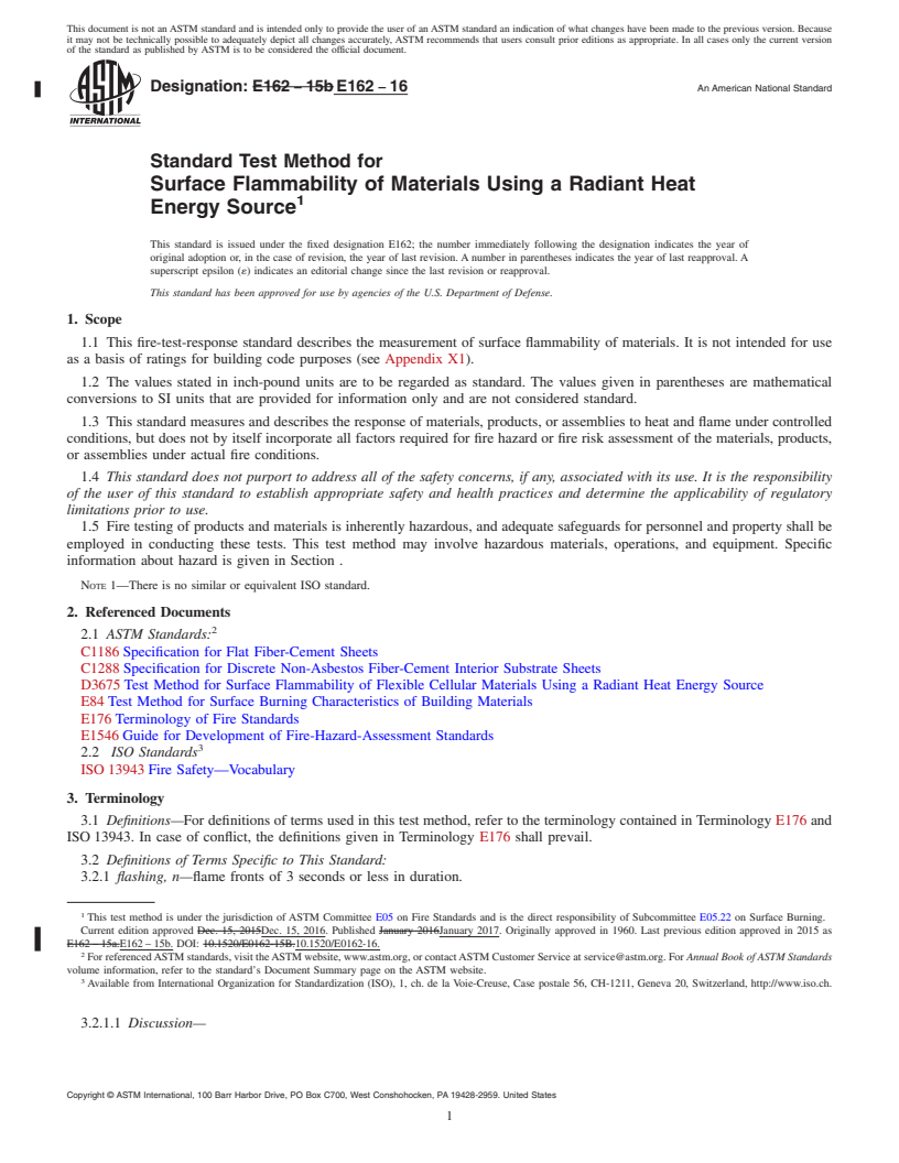 REDLINE ASTM E162-16 - Standard Test Method for  Surface Flammability of Materials Using a Radiant Heat Energy  Source