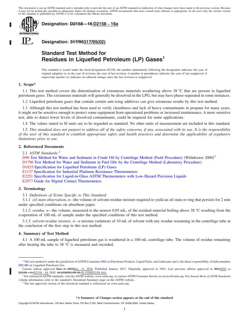 REDLINE ASTM D2158-16a - Standard Test Method for  Residues in Liquefied Petroleum (LP) Gases