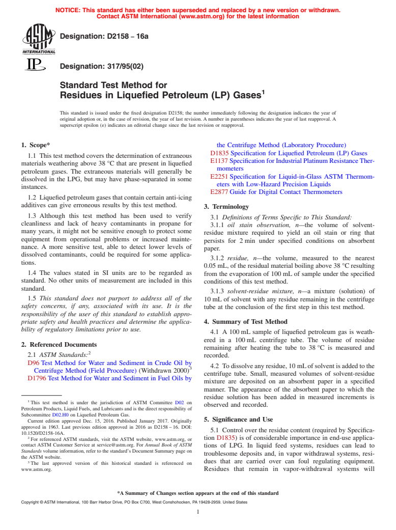 ASTM D2158-16a - Standard Test Method for  Residues in Liquefied Petroleum (LP) Gases