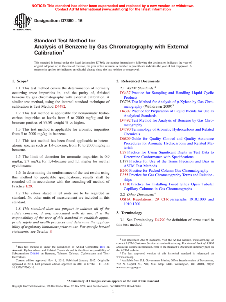 ASTM D7360-16 - Standard Test Method for Analysis of Benzene by Gas Chromatography with External Calibration (Withdrawn 2023)