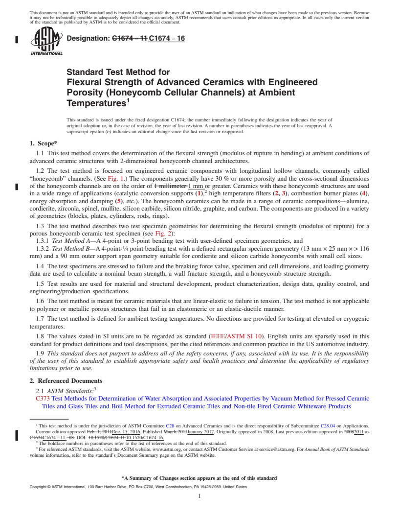 REDLINE ASTM C1674-16 - Standard Test Method for Flexural Strength of Advanced Ceramics with Engineered Porosity   (Honeycomb Cellular Channels) at Ambient Temperatures