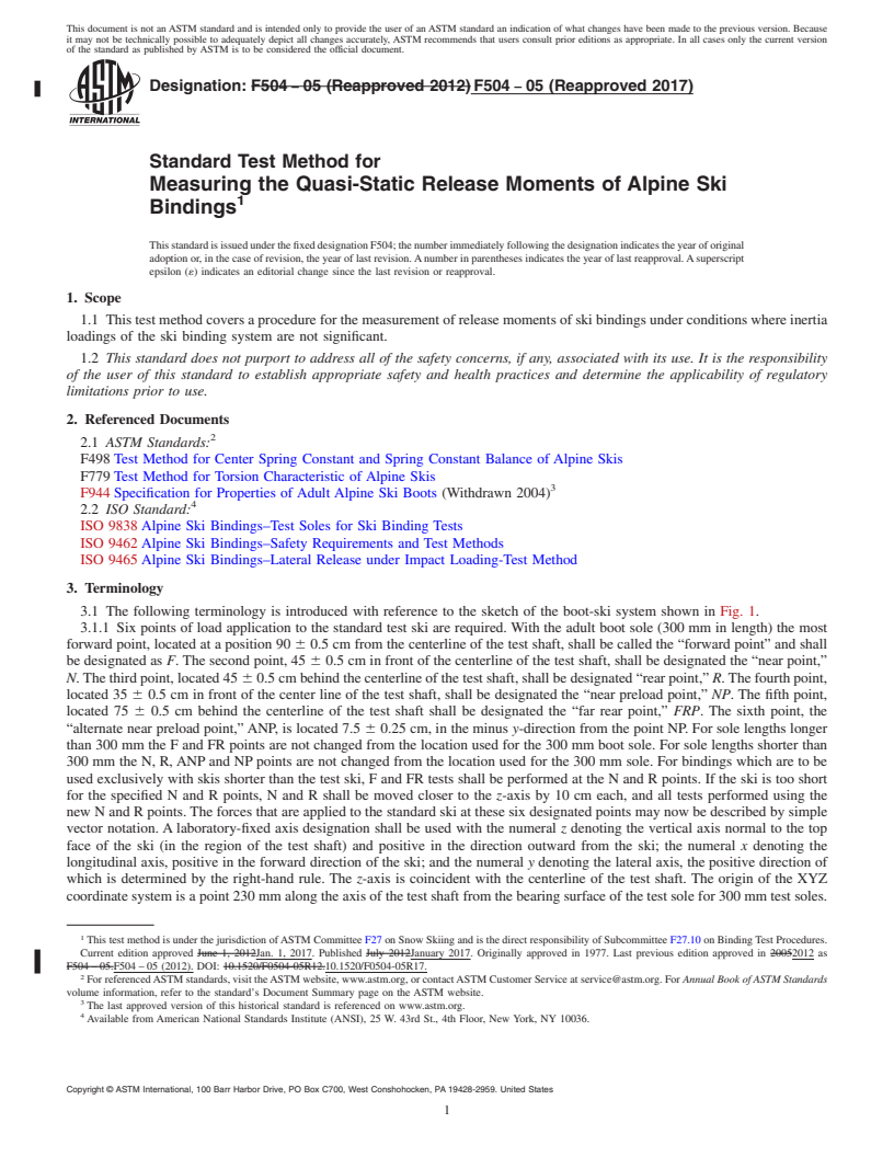 REDLINE ASTM F504-05(2017) - Standard Test Method for  Measuring the Quasi-Static Release Moments of Alpine Ski Bindings