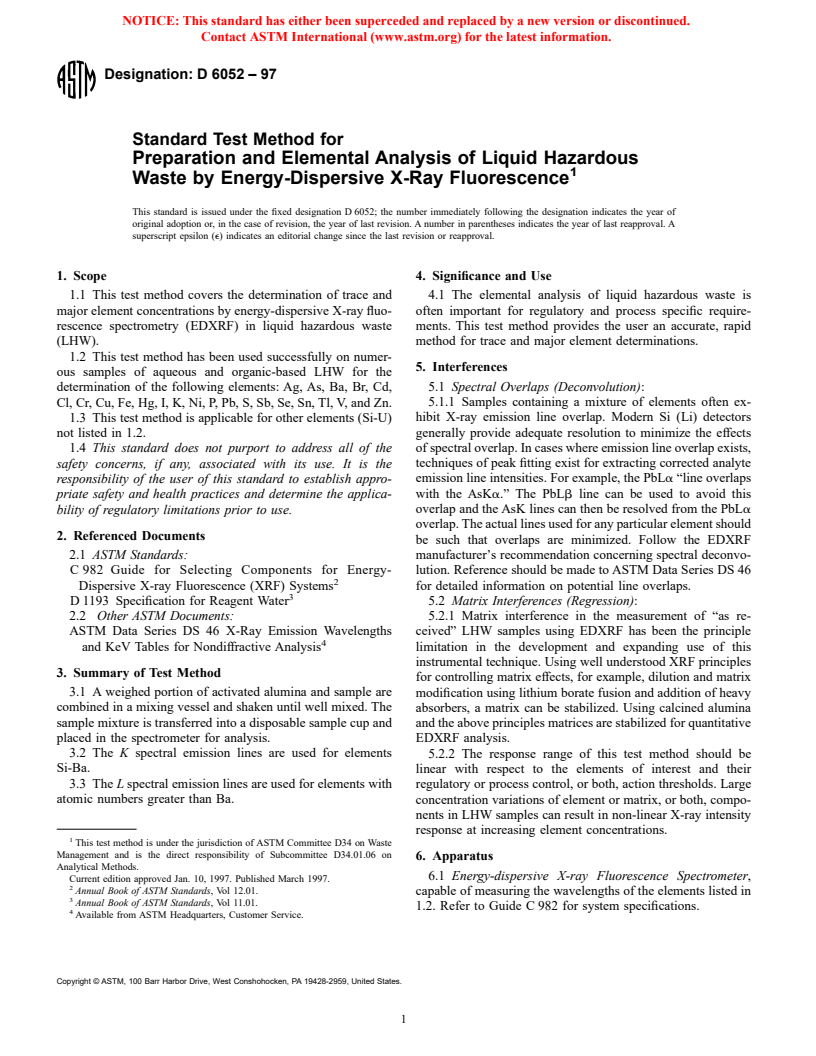 ASTM D6052-97 - Standard Test Method for Preparation and Elemental Analysis of Liquid Hazardous Waste by Energy-Dispersive X-Ray Fluorescence