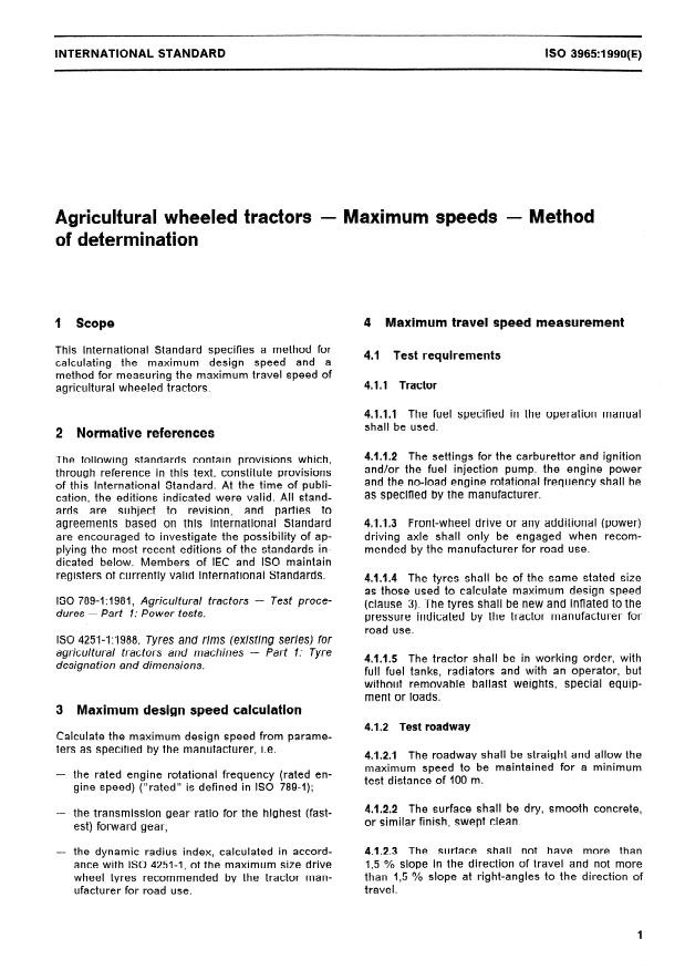 ISO 3965:1990 - Agricultural wheeled tractors -- Maximum speeds -- Method of determination